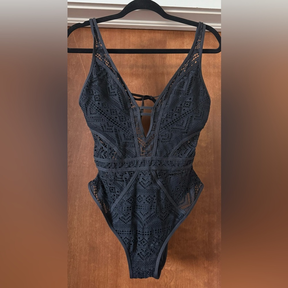 Becca Black Lace One Piece Plunge Swimsuit